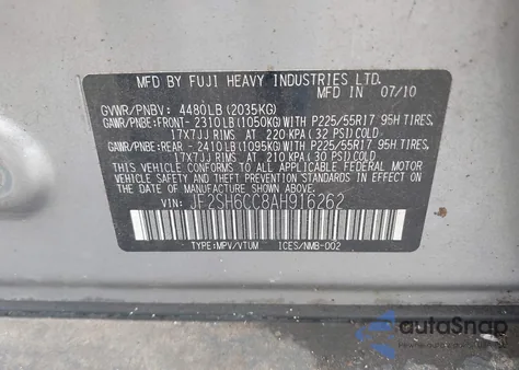 2010 Subaru Forester 2.5X Premium z USA, uszkodzony, nr VIN JF2SH6CC8AH916262